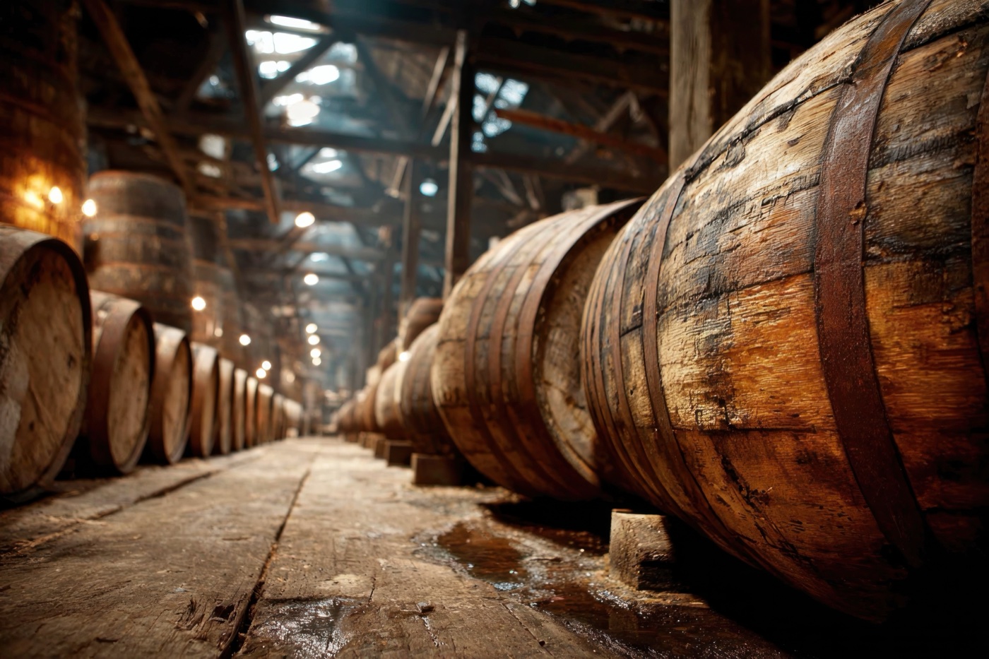 Fûts de chêne dans le chai de vieillissement d'un rhum agricole